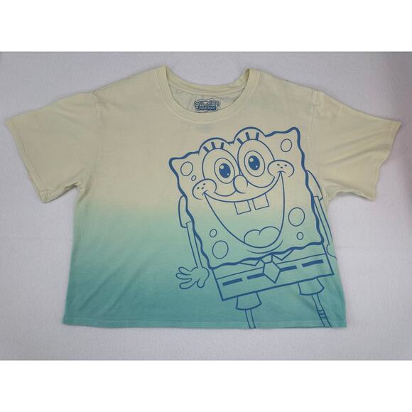 Nickelodeon Sponge Bob Square Pants Yellow Teal Ombre Crop T Shirt XL - Picture 2 of 5